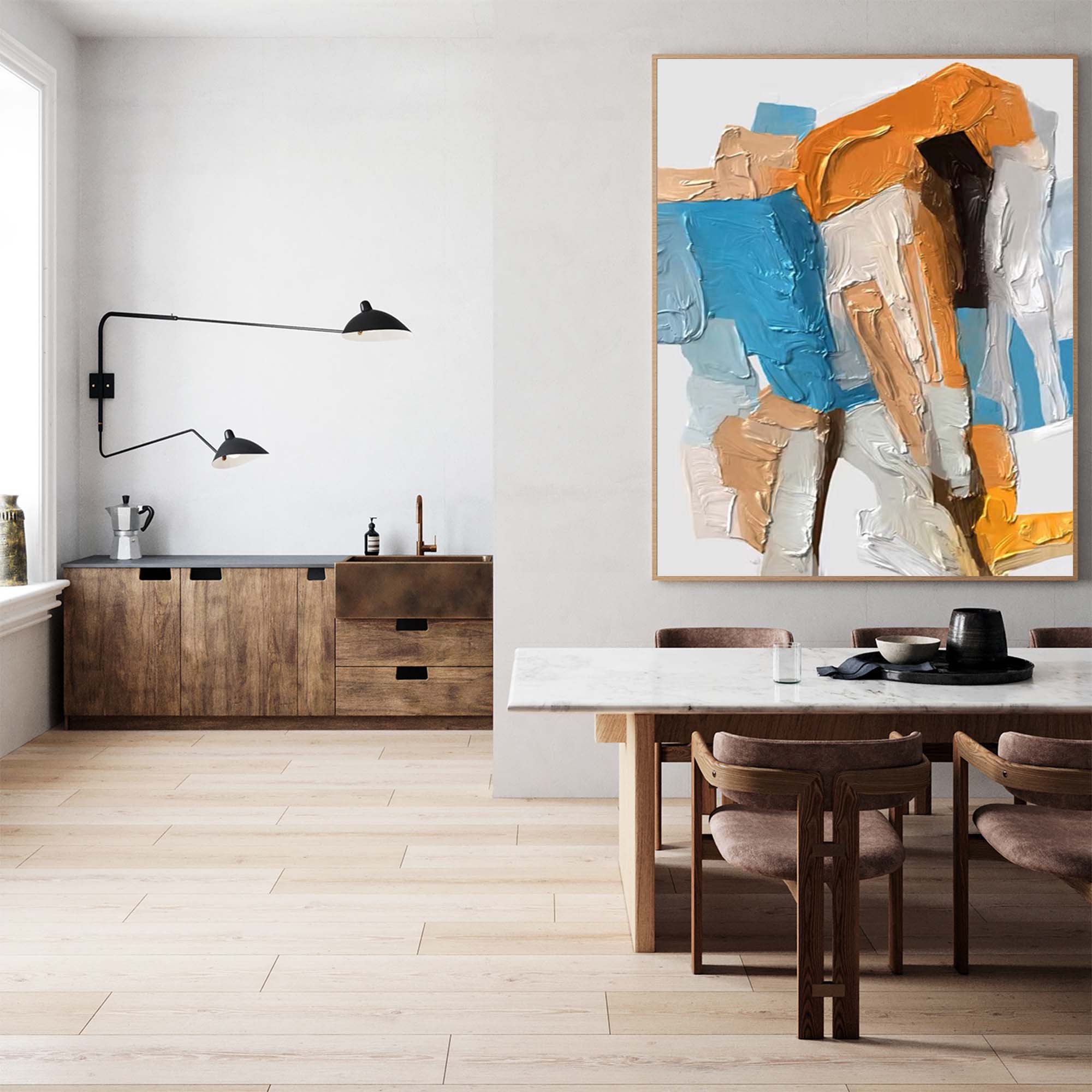 Bold Geometric Abstract Canvas Wall Art in Teal and Ochre