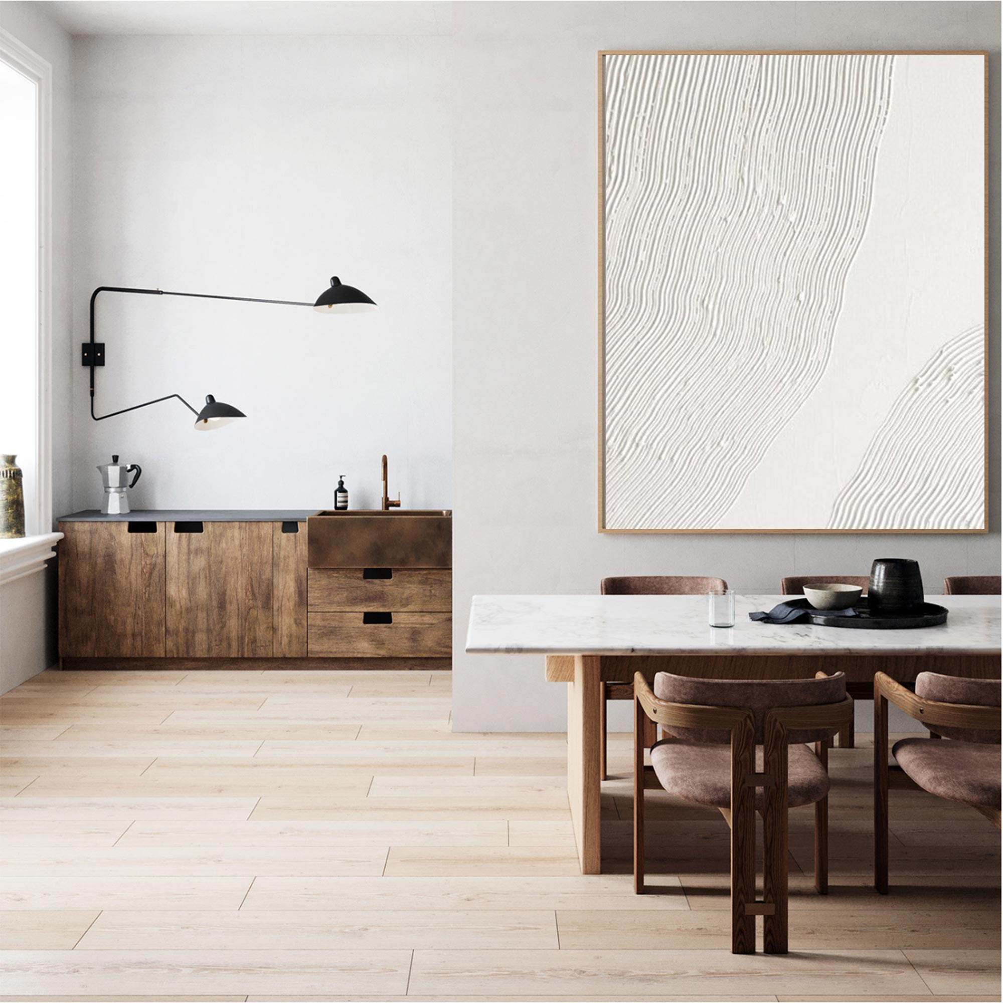 Off‑White Vertical Wavy‑Line Relief‑Textured Framed Artwork
