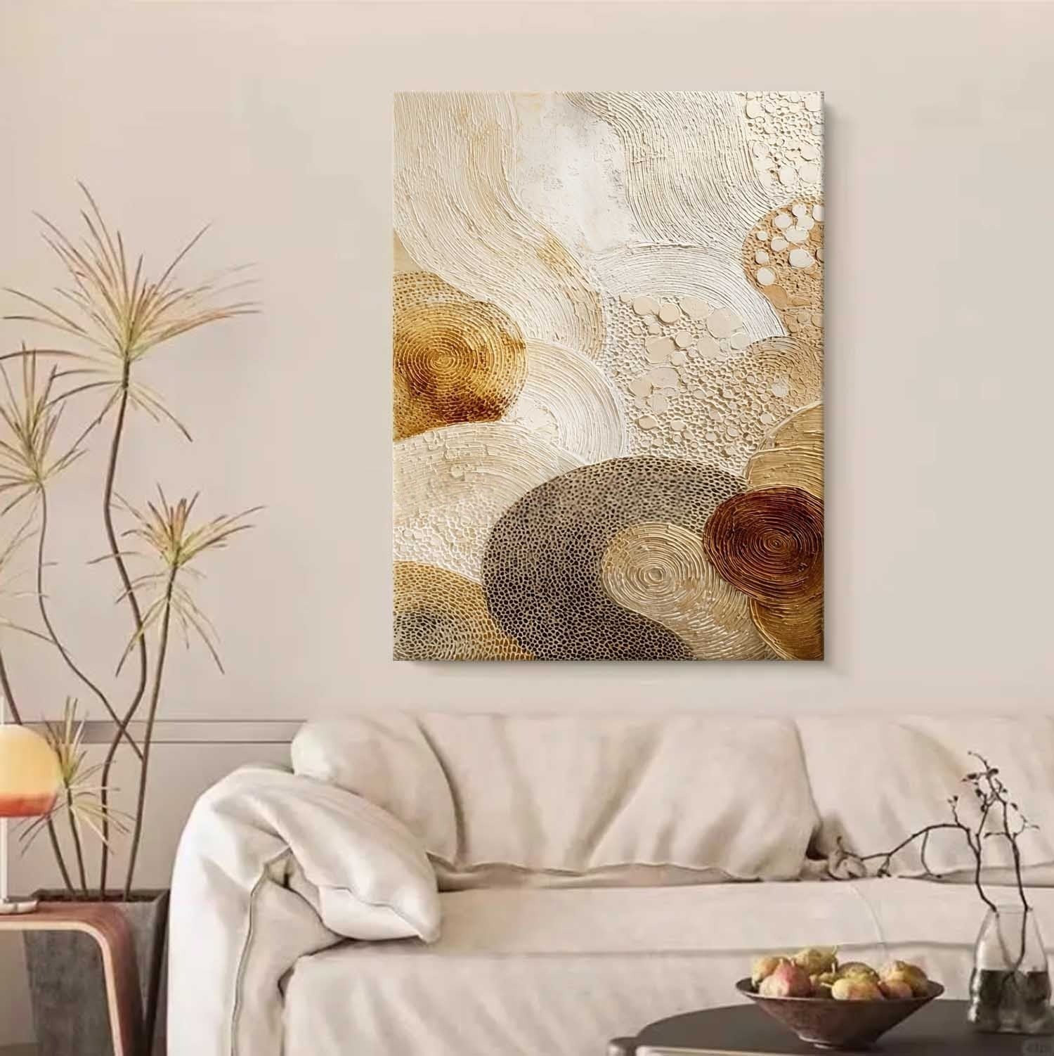 Gold Beige Abstract Circle Textured Canvas Art