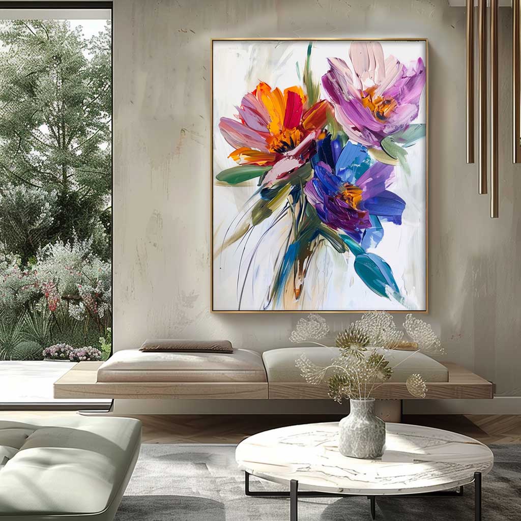 Vibrant Multicolor Floral Bouquet Impasto Canvas Wall Art