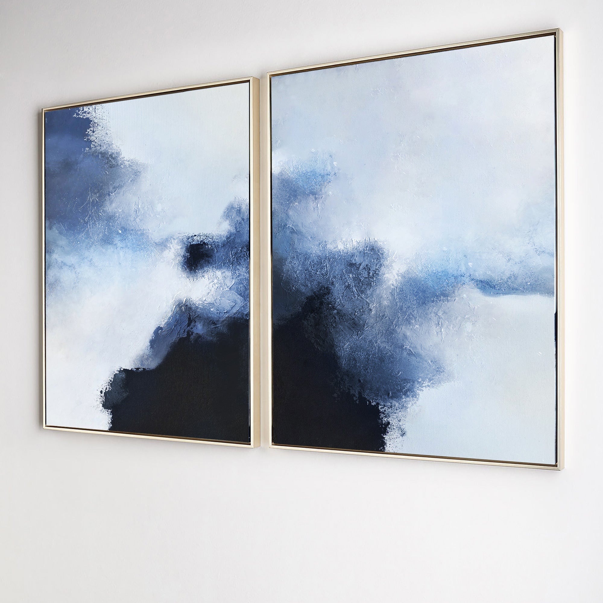 Navy‑Blue‑White Vertical Minimalist Diptych Abstract Textured Artwork