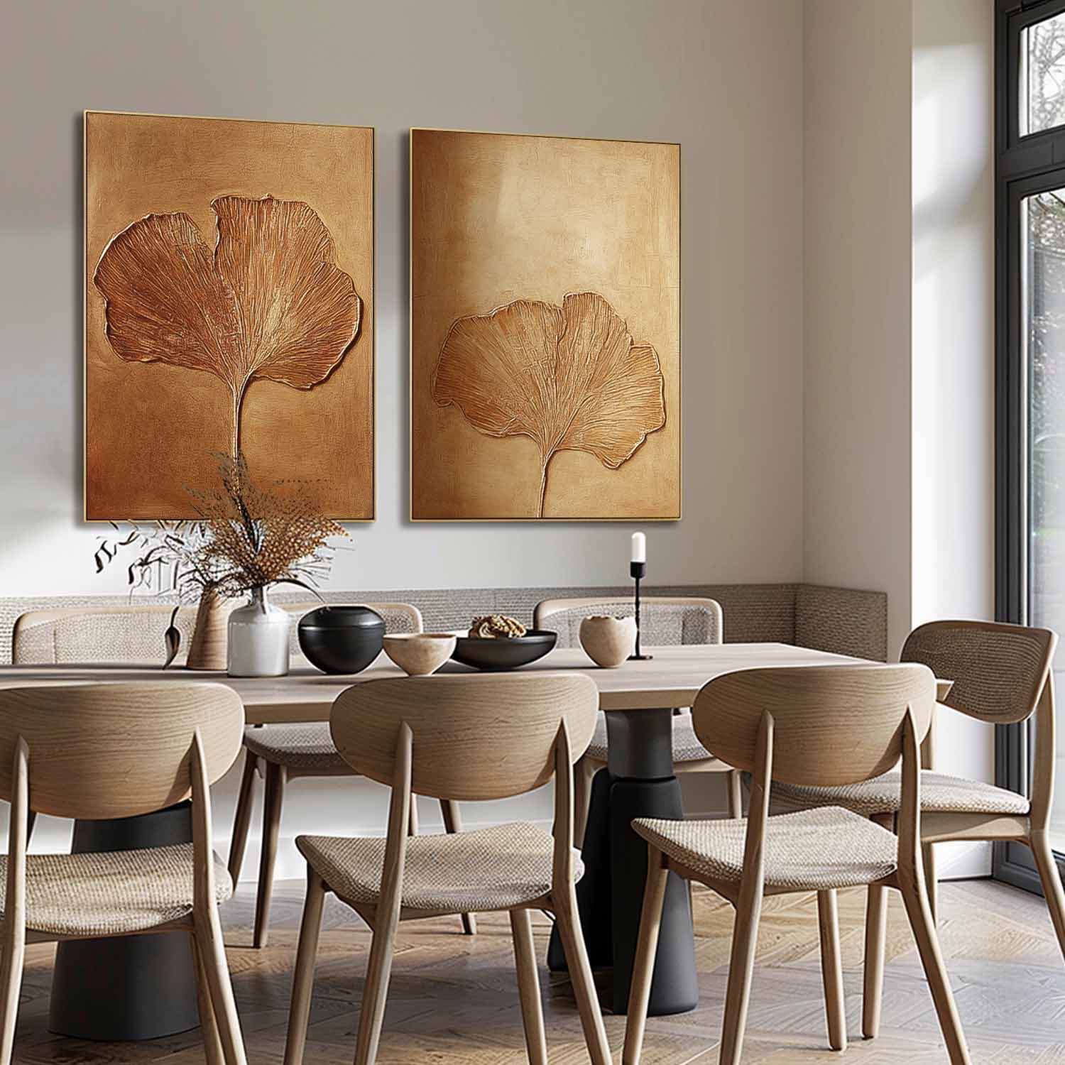 Textured Ginkgo Leaf Diptych Painting Luxurious