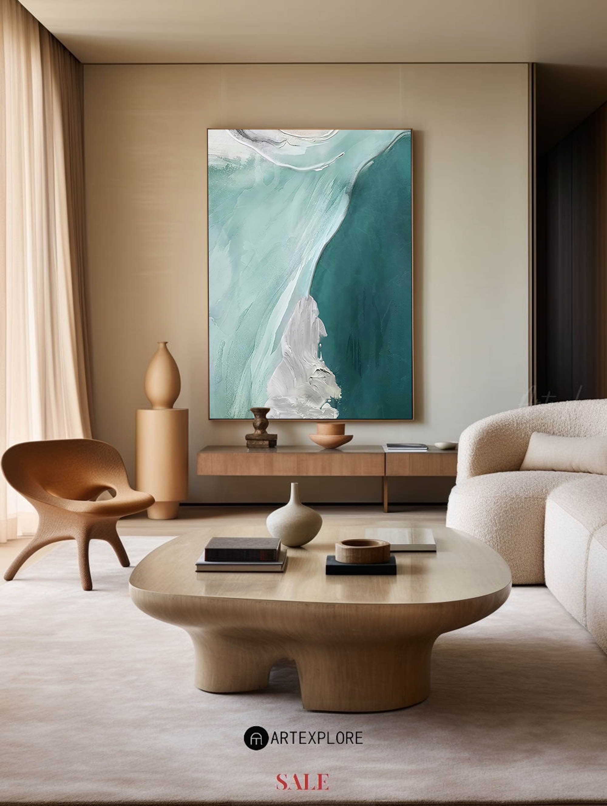 Abstract Teal White Fluid Coastal Waves Oil Acrylic Linen Canvas Painting