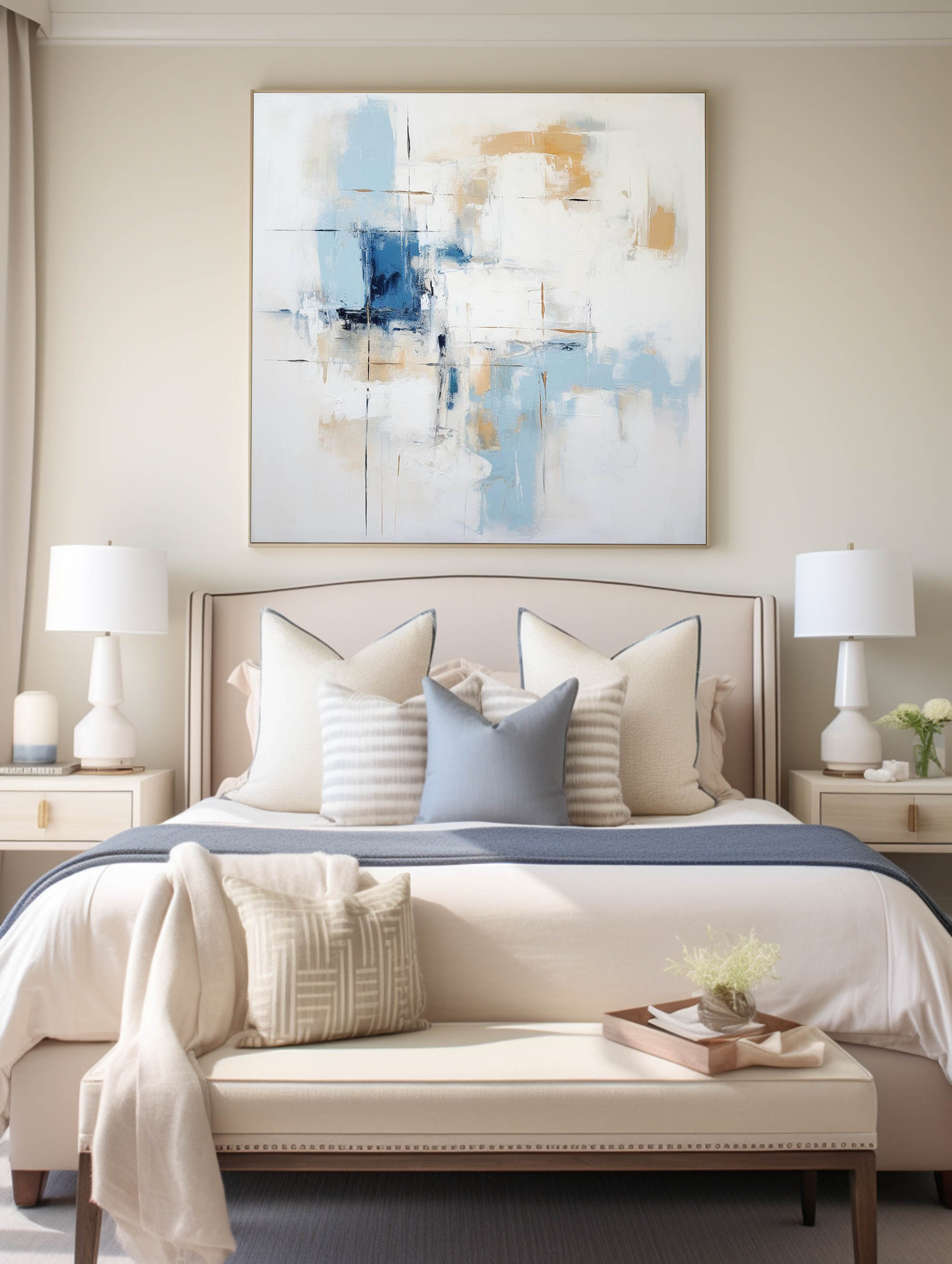 Soft Blue Gold Block Abstract Canvas Wall Art