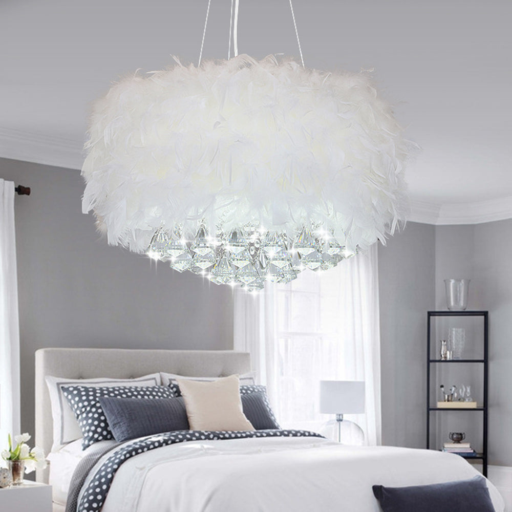 O'Moore Modern Luxury Round Chandelier, Feather/Crystal, White - Neutralighting