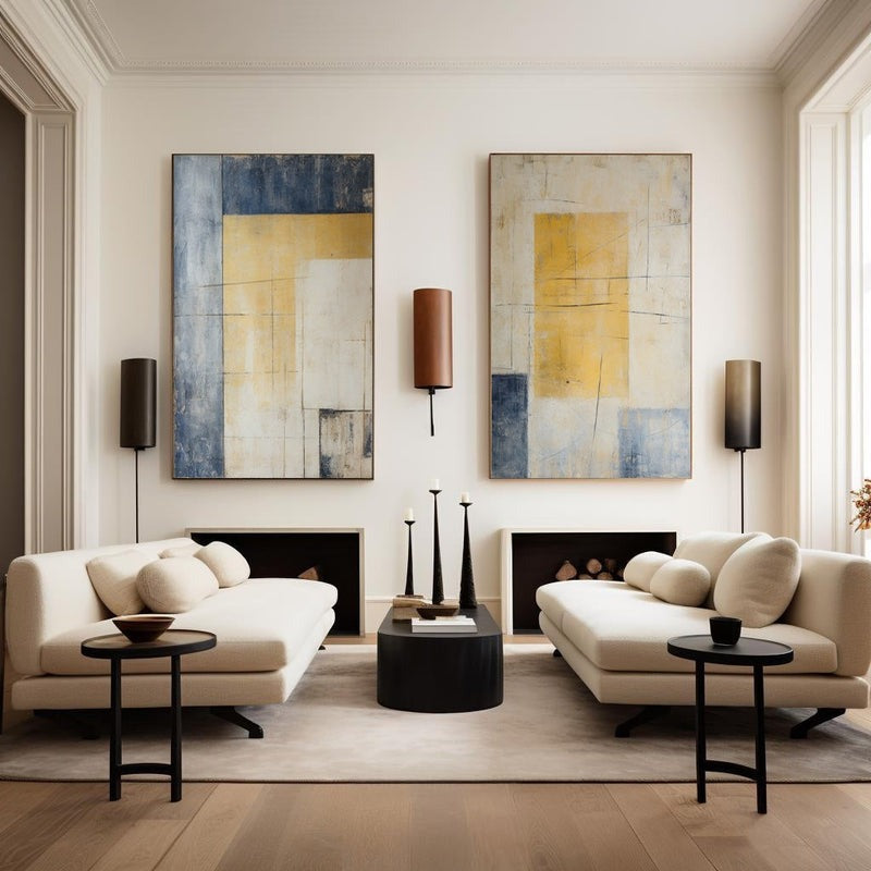 Diptych Yellow Blue Geometric Painting