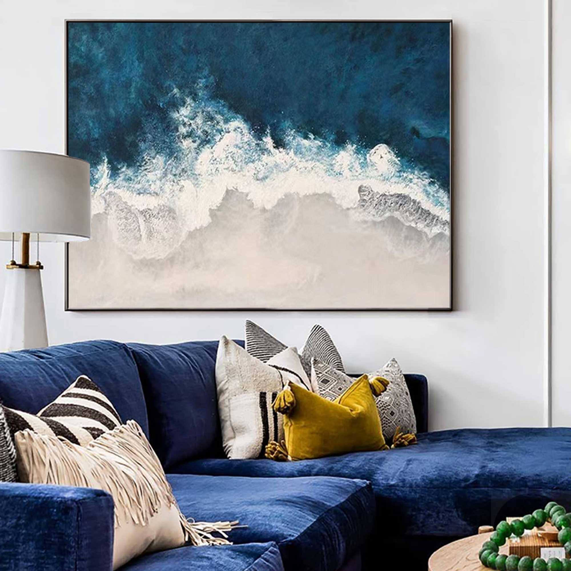 Teal‑White Horizontal Sea‑Wave Raised‑Textured Artwork