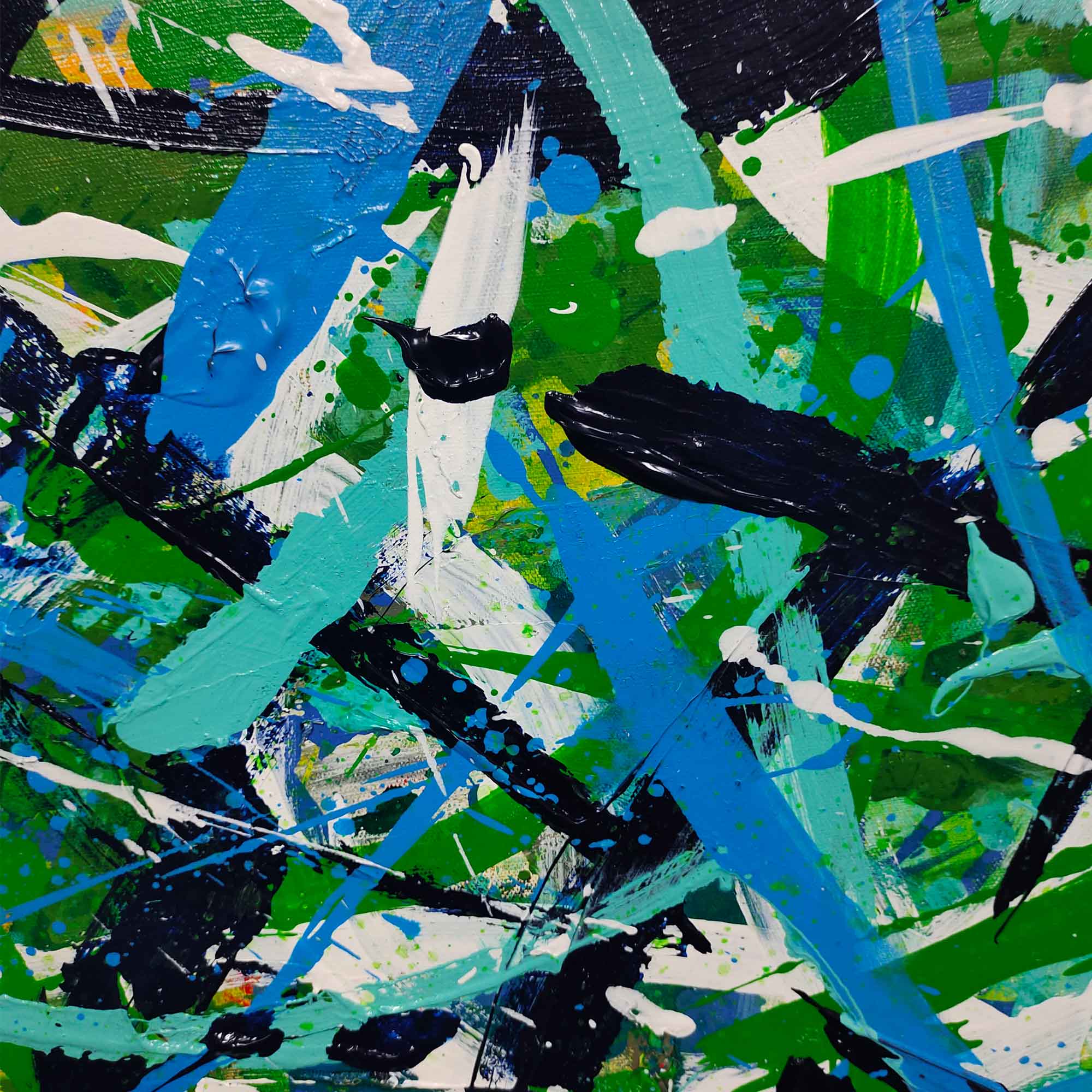 Abstract Expressionist Green Blue Teal Black Acrylic on Canvas Painting