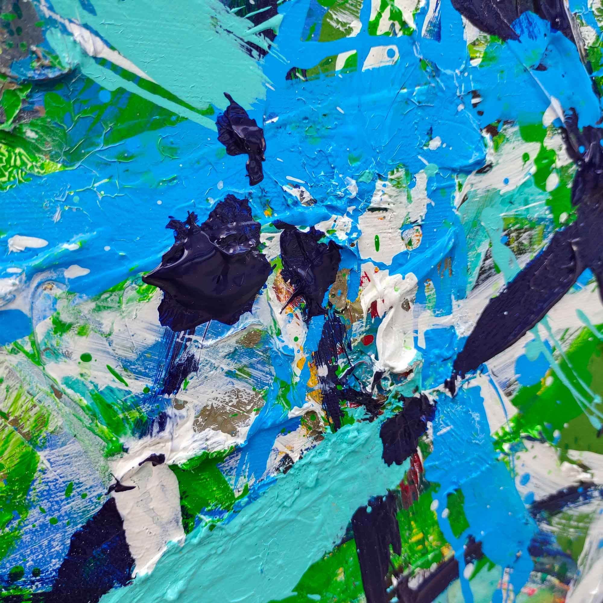 Abstract Expressionist Green Blue Teal Black Acrylic on Canvas Painting