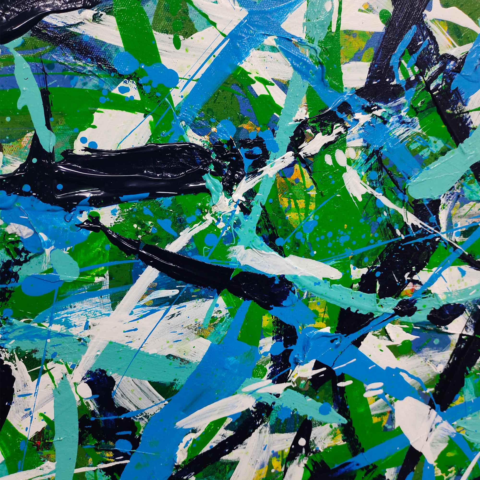 Abstract Expressionist Green Blue Teal Black Acrylic on Canvas Painting