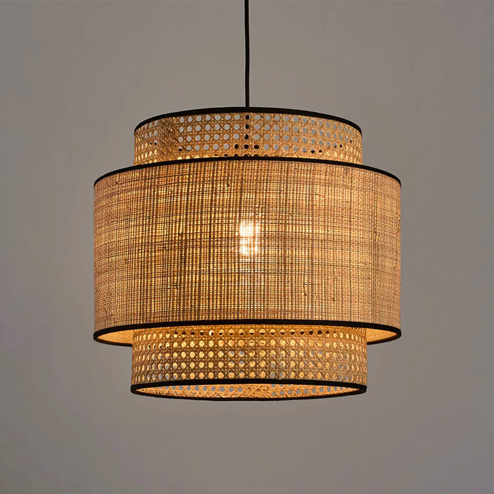 Ritta Wabi Sabi Tri-Layer Cylindrical Rattan/Metal Pendant Light, Wooden - Neutralighting