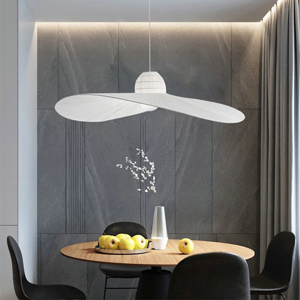 Ritta Modern Woven Wide-Brimmed Hat Shape Metal/Fabric Pendant Light, Black/White - Neutralighting
