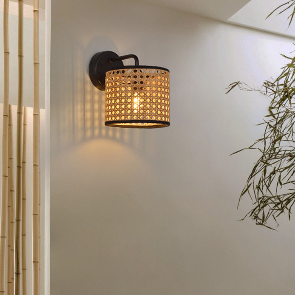 Muto Rustic Cylindrical Rattan/Metal Wall Lamp, Brown - Neutralighting
