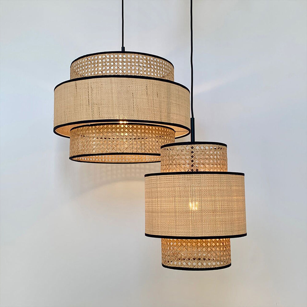 Ritta Wabi Sabi Tri-Layer Cylindrical Rattan/Metal Pendant Light, Wooden - Neutralighting