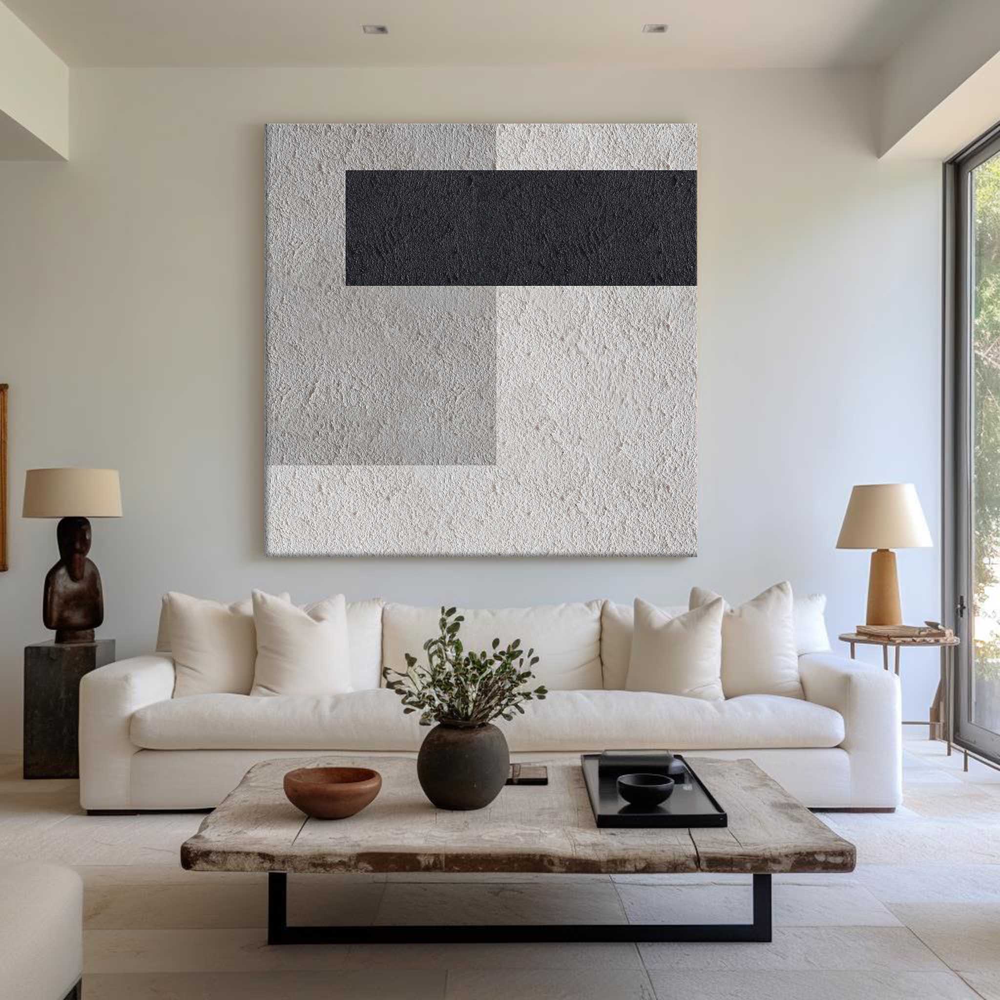 Black‑Grey‑Beige Square Geometric Block‑Segment Contrast‑Textured Artwork