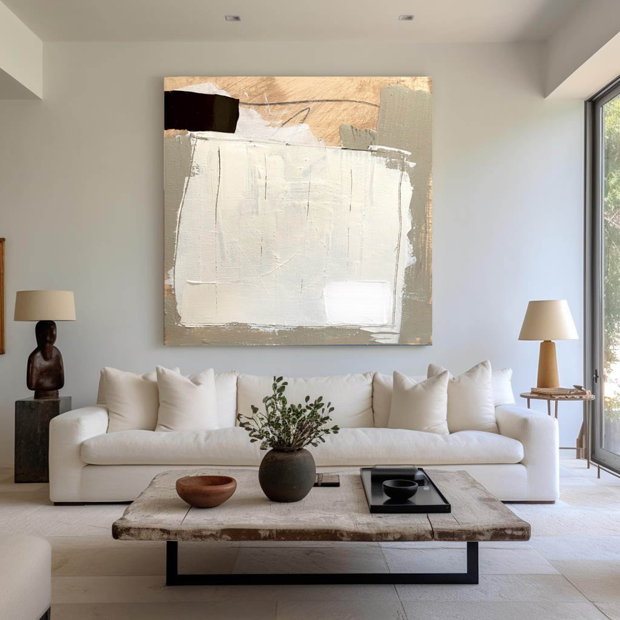 White‑Gold‑Grey Square Layer‑Collage Impasto‑Textured Artwork