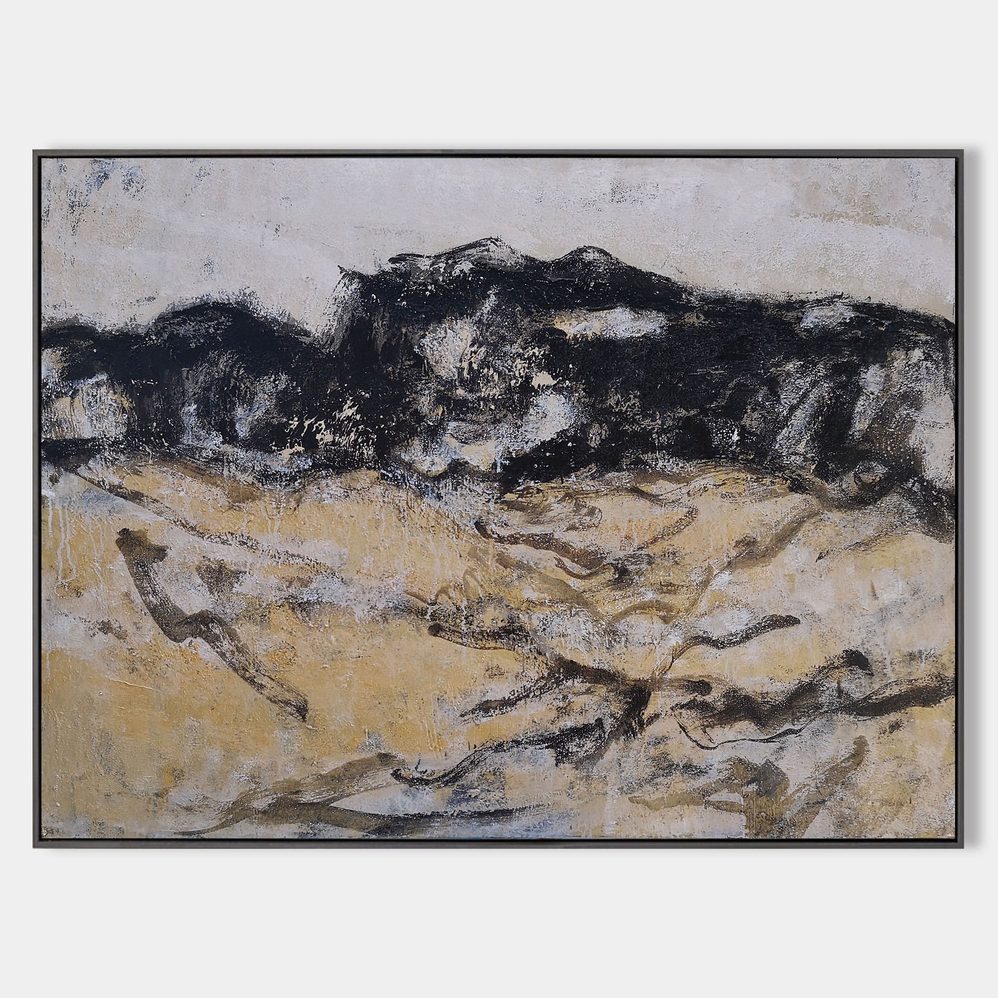 Black‑Gold‑Beige Abstract‑Landscape  Rugged Impasto‑Texture Artwork