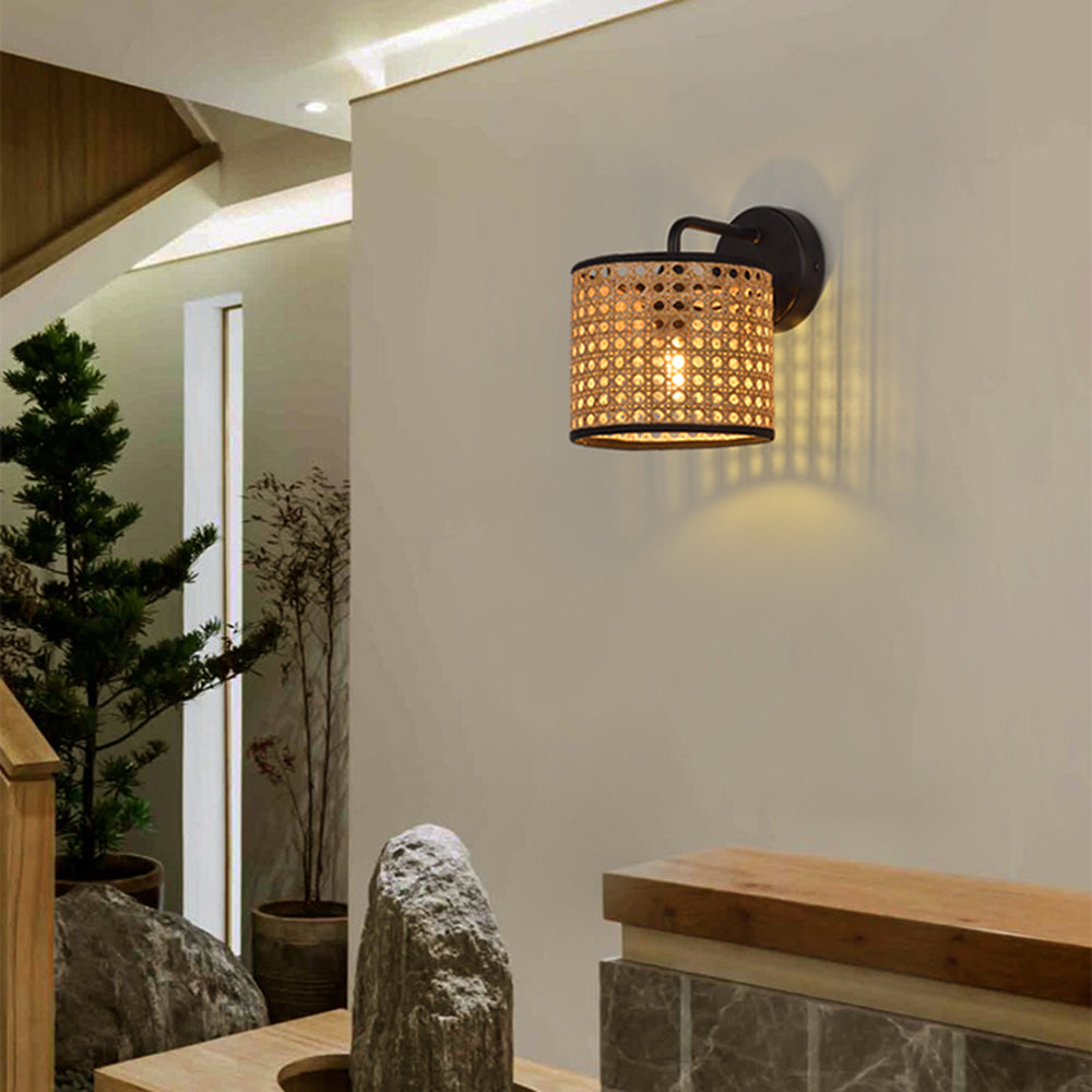 Muto Rustic Cylindrical Rattan/Metal Wall Lamp, Brown - Neutralighting
