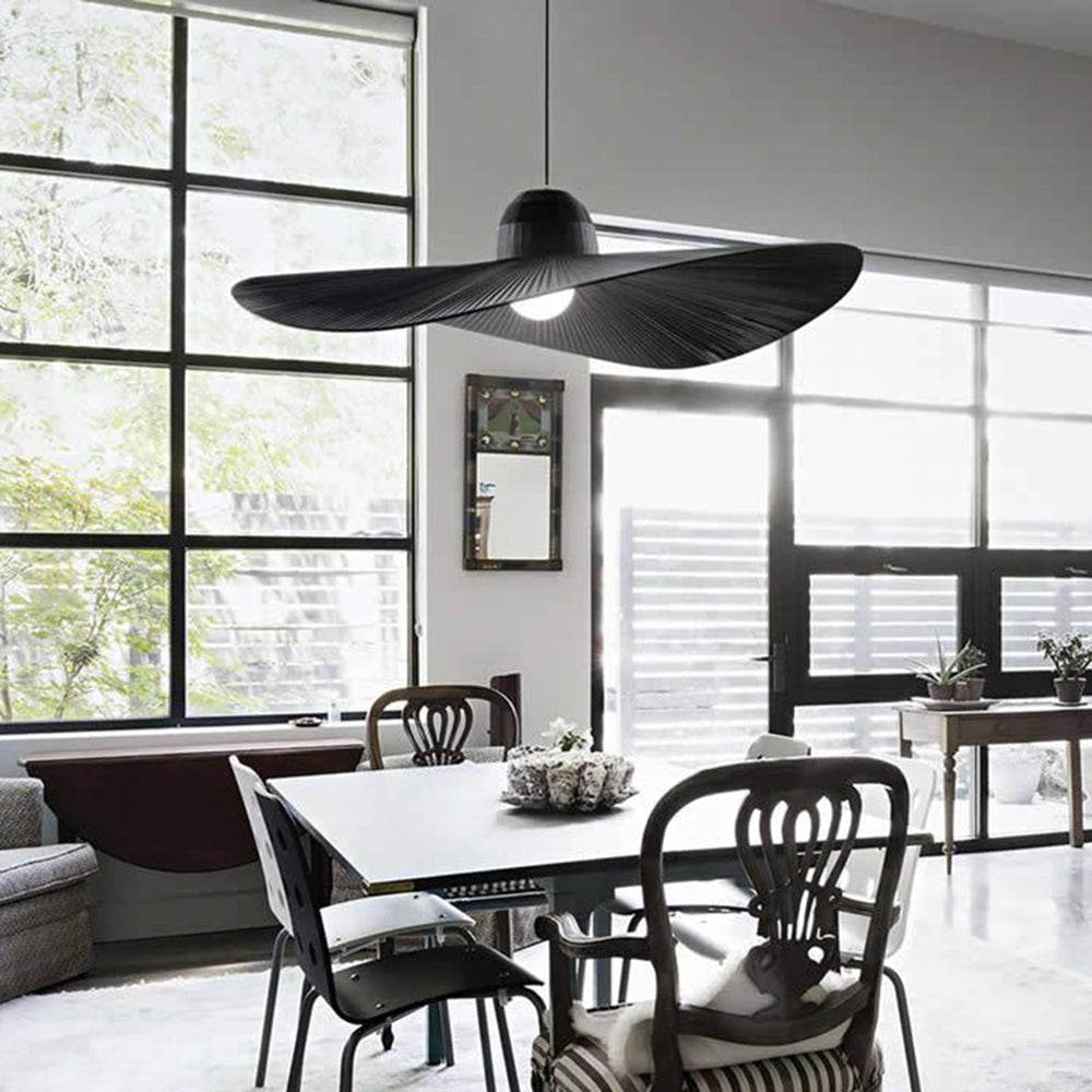 Ritta Modern Woven Wide-Brimmed Hat Shape Metal/Fabric Pendant Light, Black/White - Neutralighting