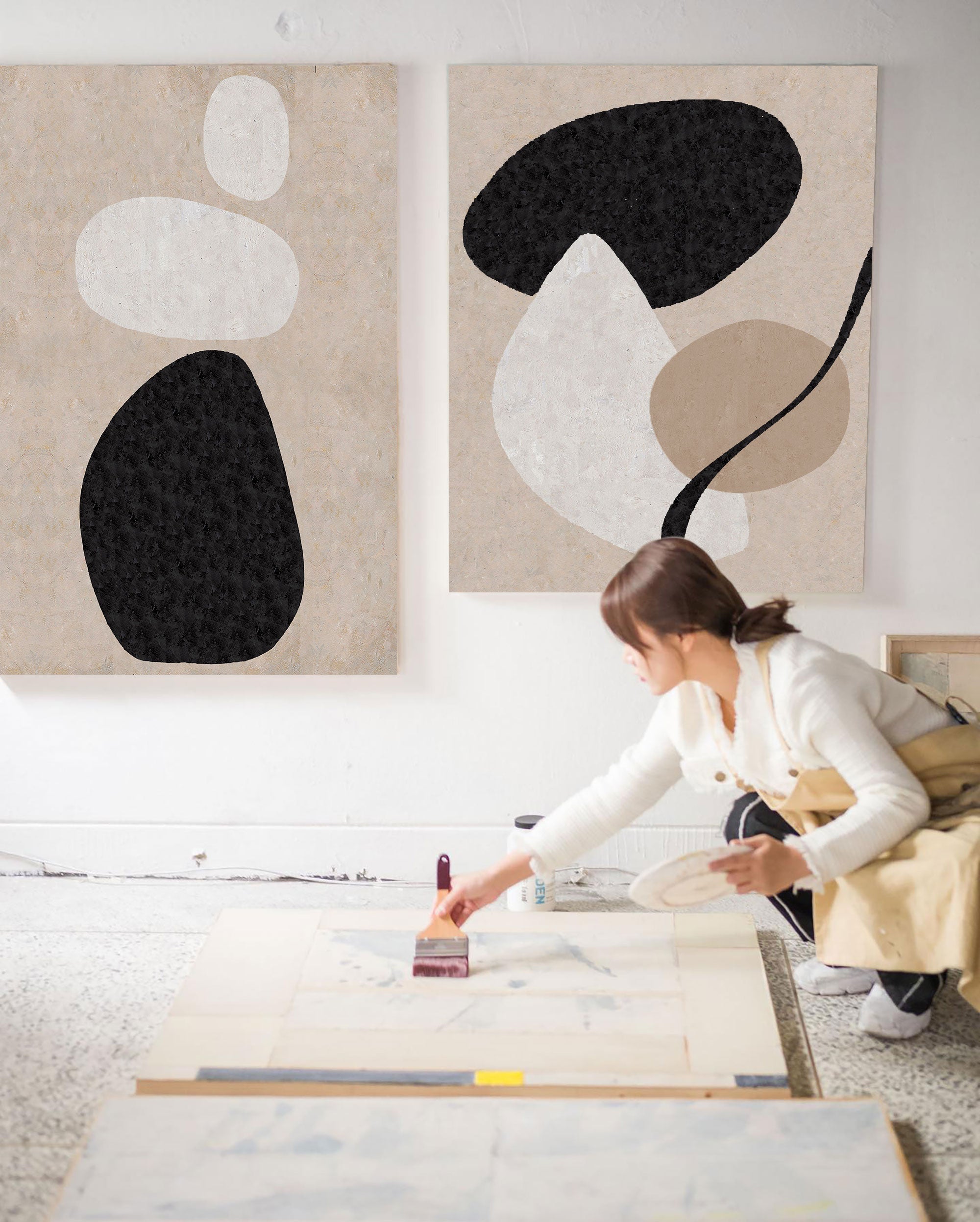 Beige Black Organic Shape Abstract Diptych