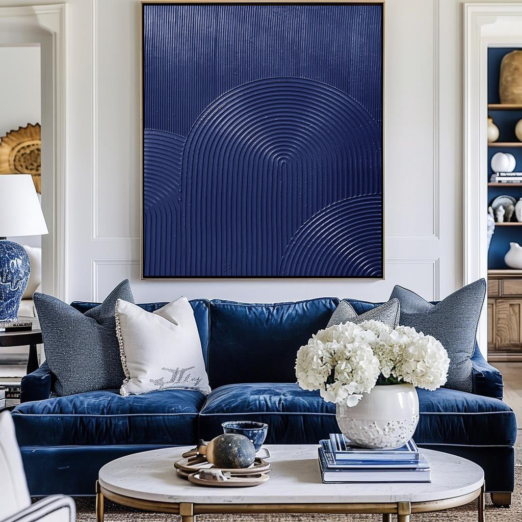 Wall Art Navy Blue Arched Lines Geometric Minimalist Texture Living Room | Neutralighting