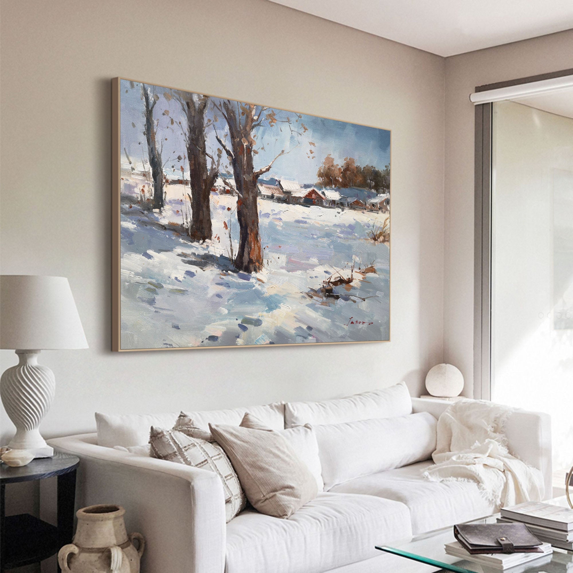Rustic Snowy Village Winter Landscape Canvas Wall Art