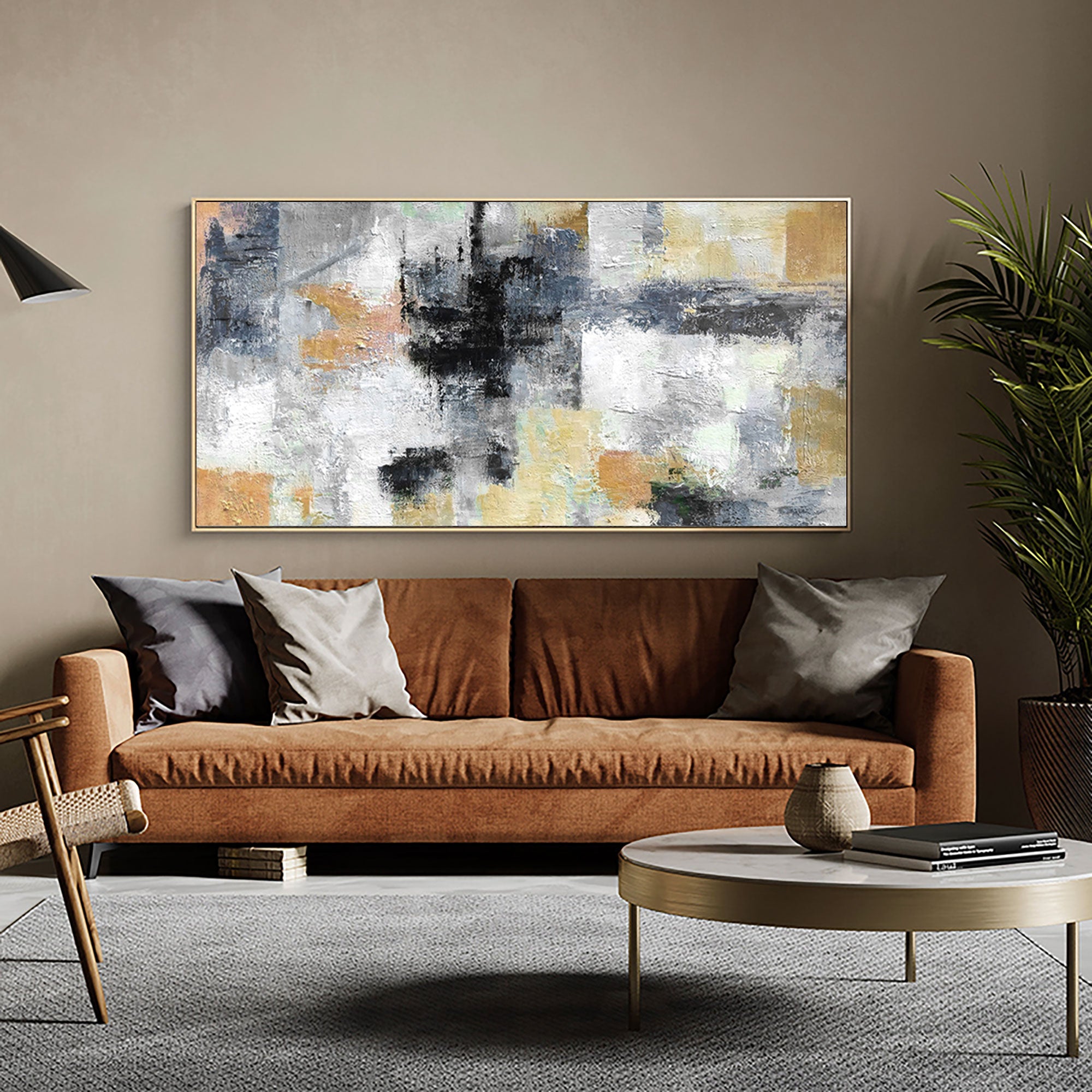 Abstract Black Gray Gold Textured Geometric Oil Acrylic Linen Canvas Painting