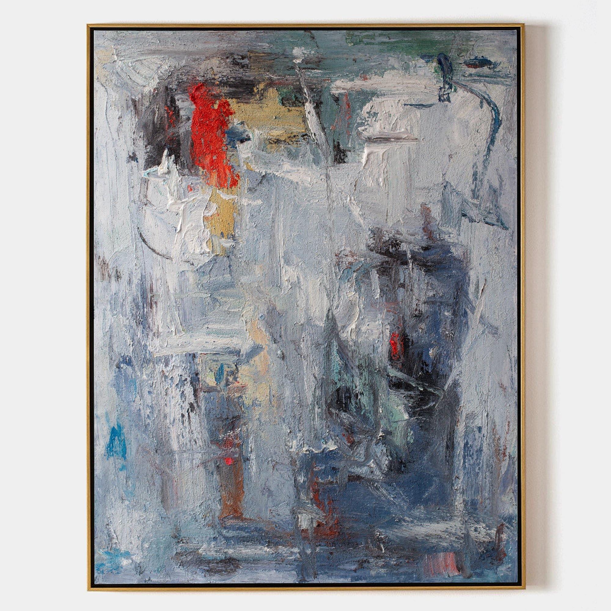 Grey‑Blue Vertical Red‑Accent Expressive Impasto Textured Artwork