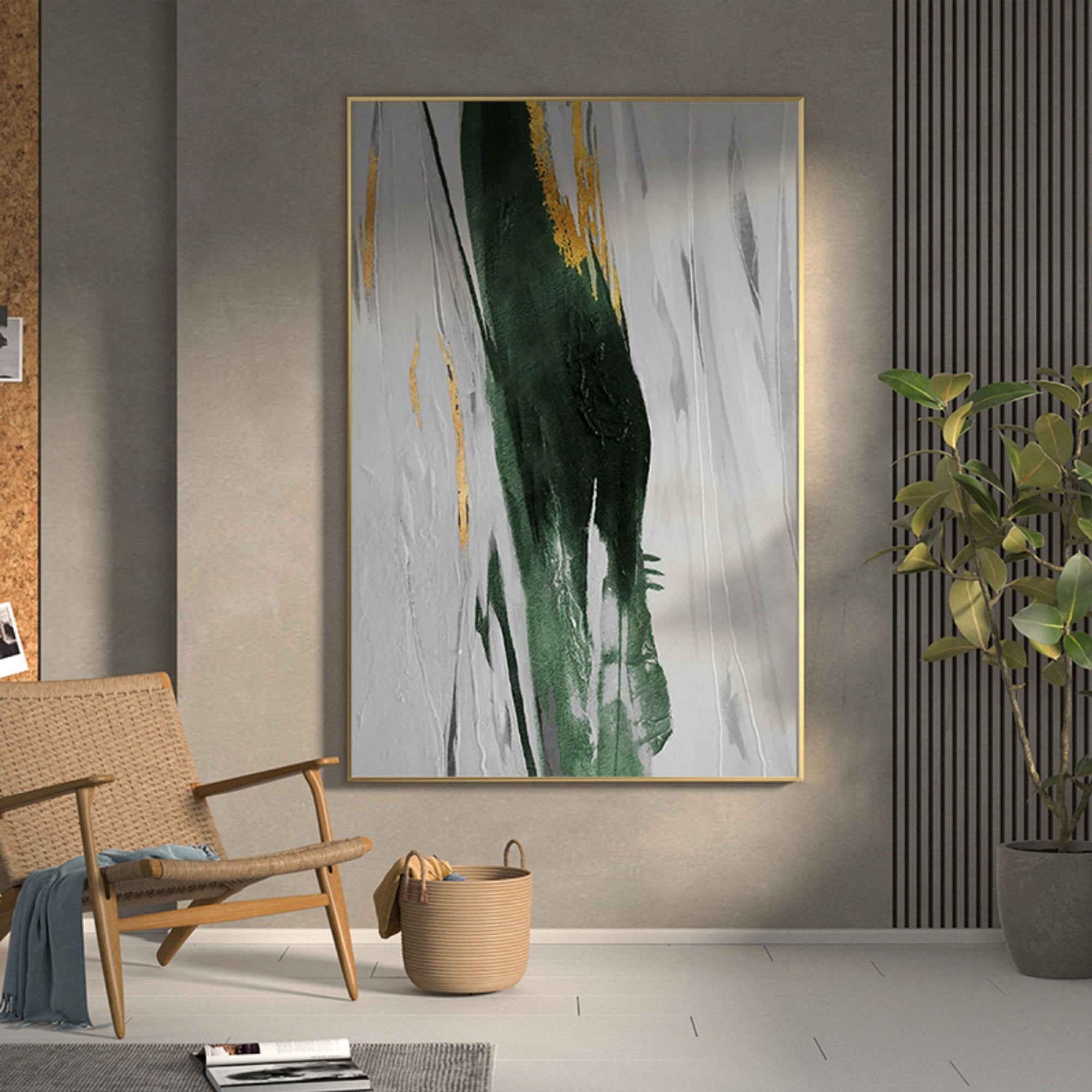 Grey‑Emerald‑Gold Vertical Streaked‑Brush Impasto‑Textured Artwork