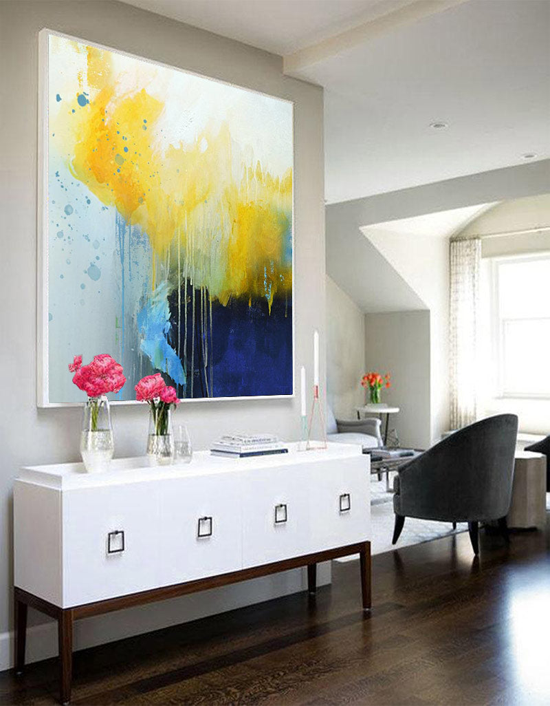 Yellow‑Deep‑Blue Square Fluid‑Wash Dripping Abstract Textured Artwork