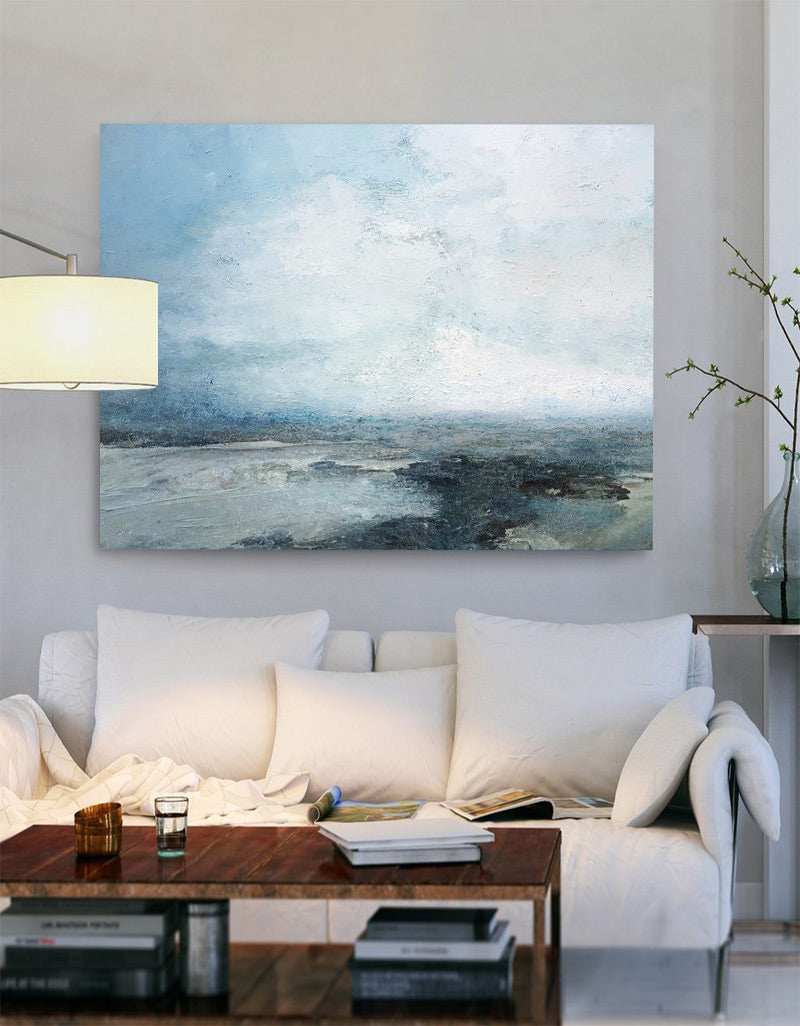 Serene Mist‑Shrouded Seascape Cool‑Tone Soft‑Layer Textured Artwork