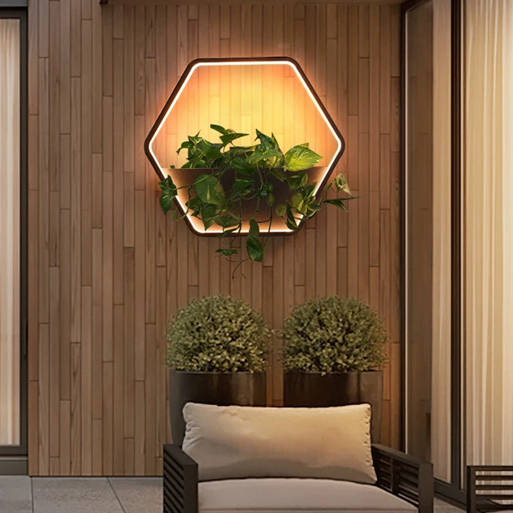 Ray Minimalist Hexagonal Ring With Shelf Metal Outdoor Wall Lamp, Black - Neutralighting