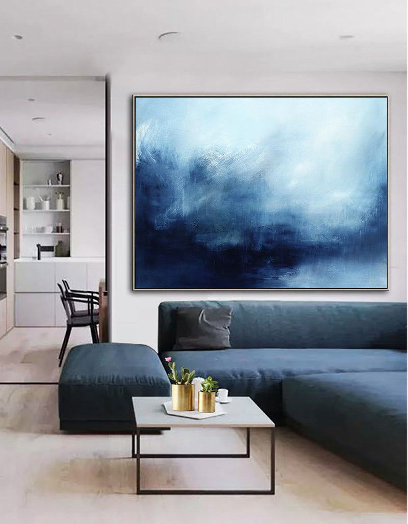 Navy‑Sky‑Blue Horizontal Storm‑Ocean Abstract Seascape Textured Artwork