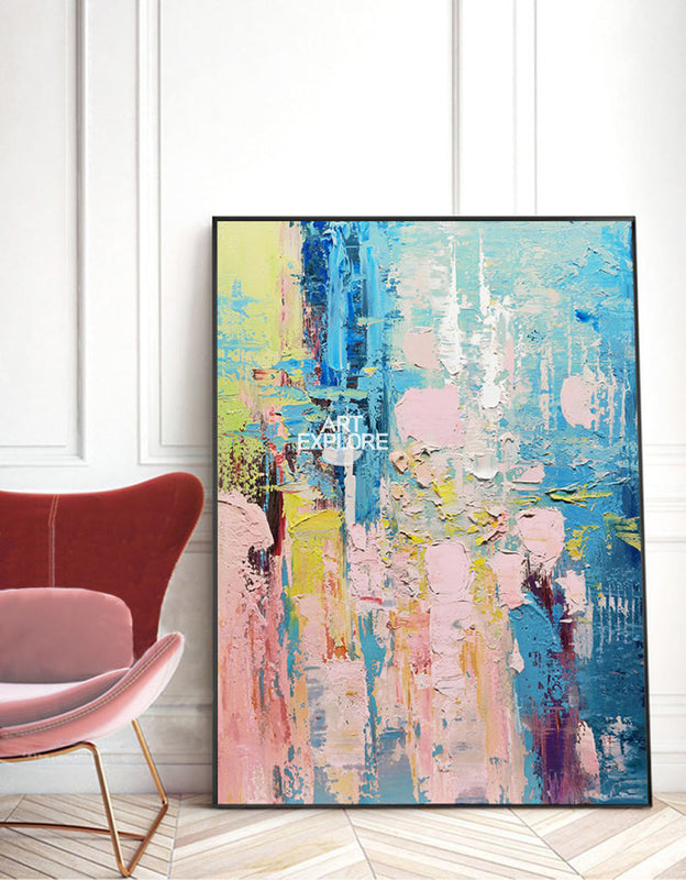 Wall Art Blue Pink Floral Abstract Textured Living Room | Neutralighting