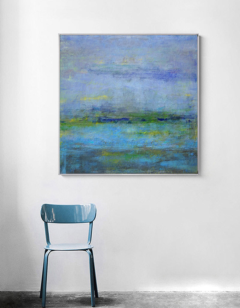 Blue‑Green‑Lavender Square Abstract Landscape Textured Artwork