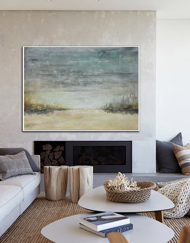 Teal‑Beige‑Gold Horizontal Abstract Coastal Seascape Textured Artwork