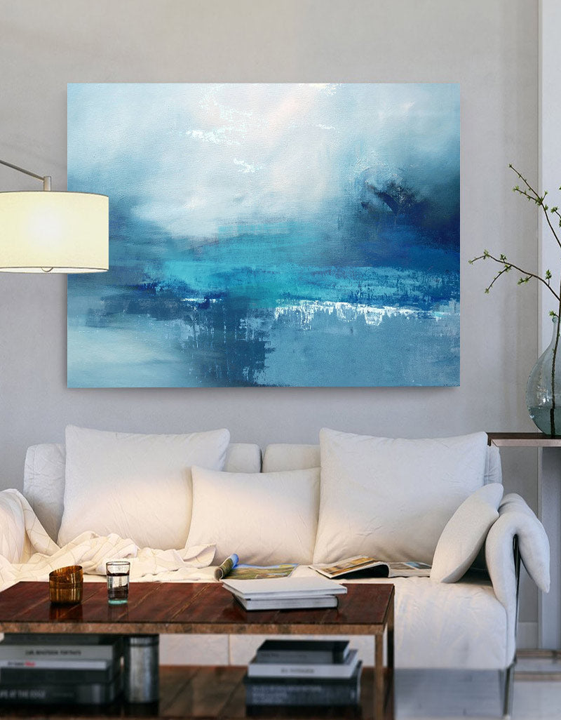 Teal‑Blue Horizontal Misty‑Ocean Abstract Seascape Textured Artwork
