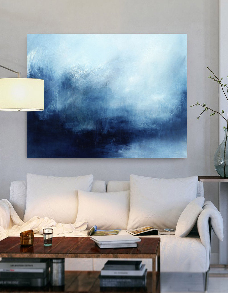 Navy‑Sky‑Blue Horizontal Storm‑Ocean Abstract Seascape Textured Artwork