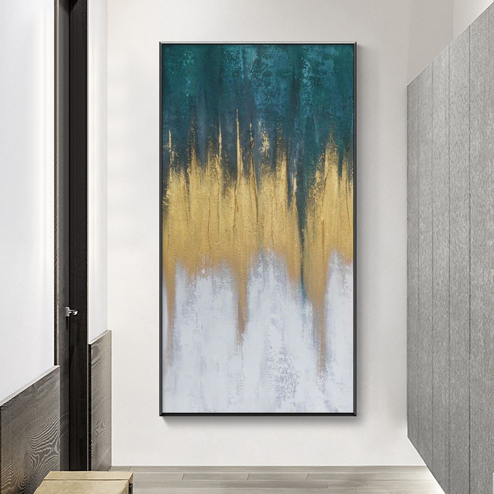 Vertical Abstract Teal Gold Ombre Cascading Light Oil Acrylic Linen Canvas Painting
