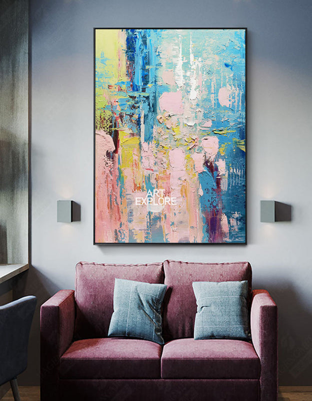 Wall Art Blue Pink Floral Abstract Textured Living Room | Neutralighting