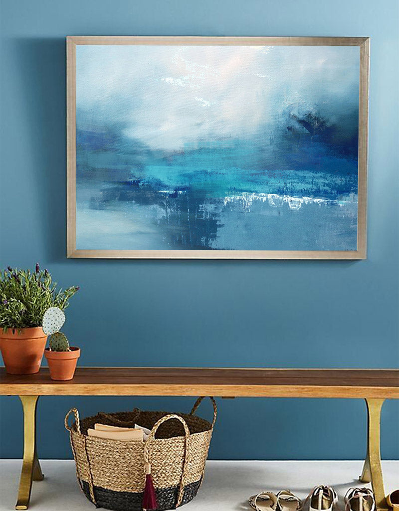 Teal‑Blue Horizontal Misty‑Ocean Abstract Seascape Textured Artwork