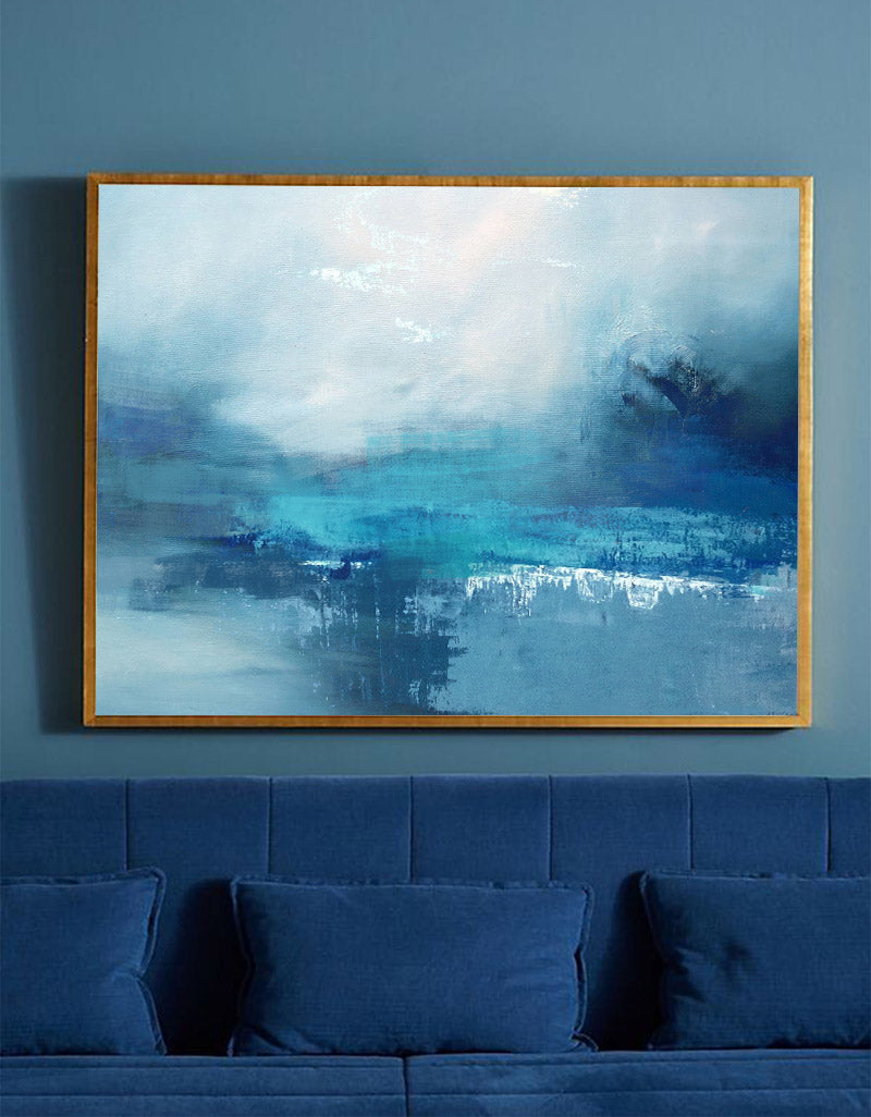 Teal‑Blue Horizontal Misty‑Ocean Abstract Seascape Textured Artwork