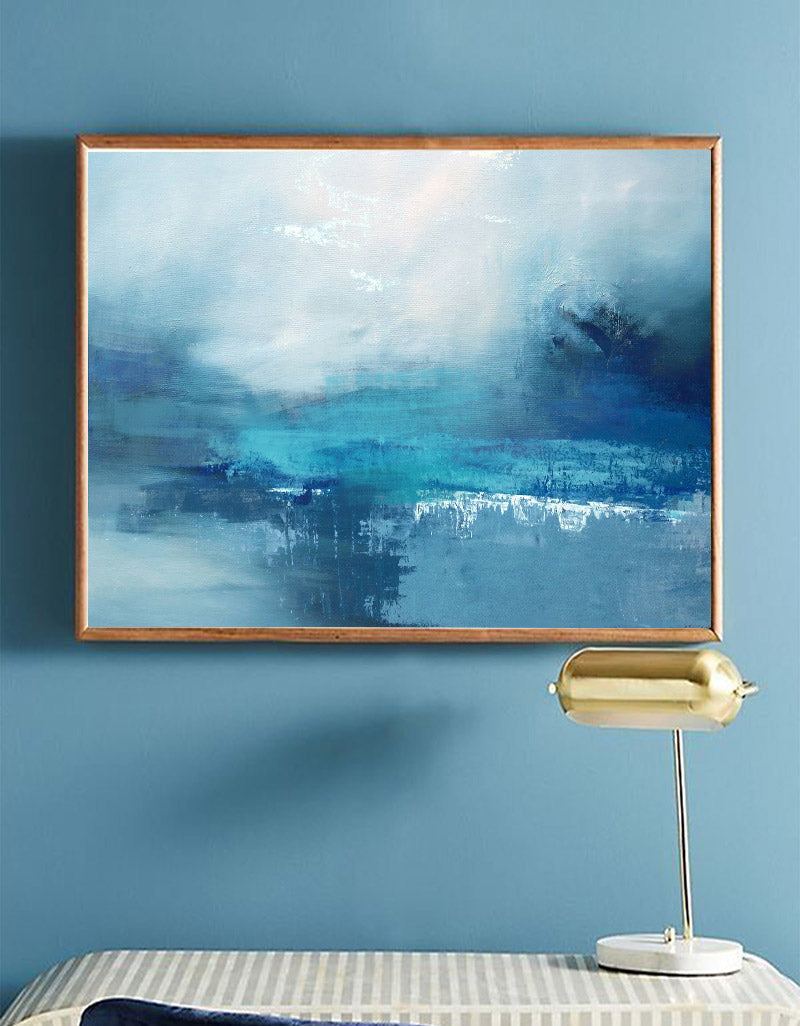 Teal‑Blue Horizontal Misty‑Ocean Abstract Seascape Textured Artwork