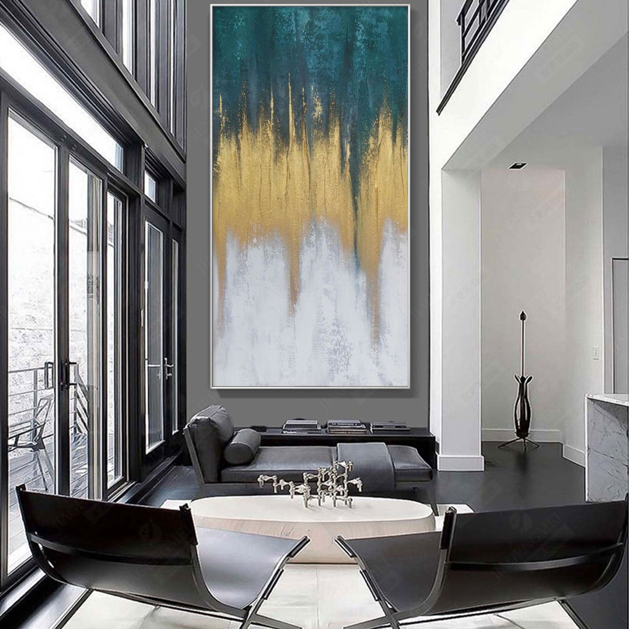 Vertical Abstract Teal Gold Ombre Cascading Light Oil Acrylic Linen Canvas Painting