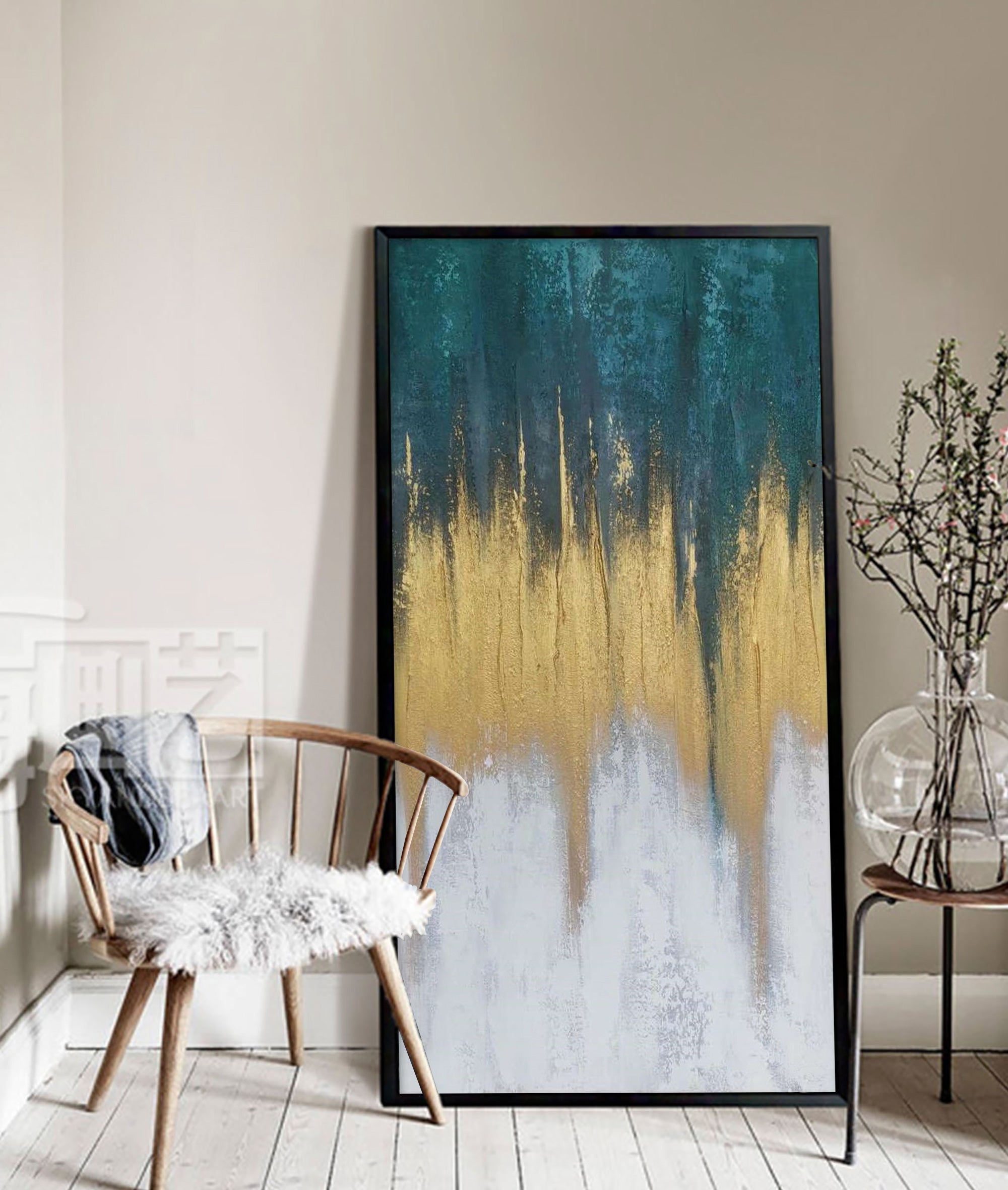 Vertical Abstract Teal Gold Ombre Cascading Light Oil Acrylic Linen Canvas Painting