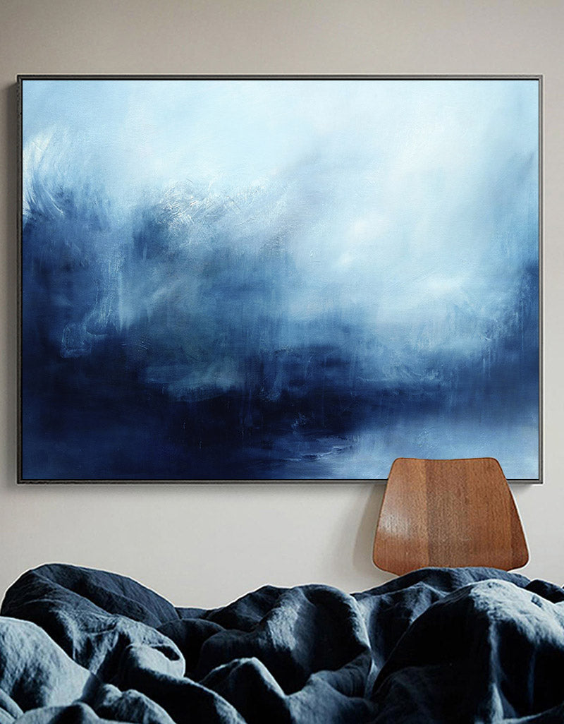 Navy‑Sky‑Blue Horizontal Storm‑Ocean Abstract Seascape Textured Artwork