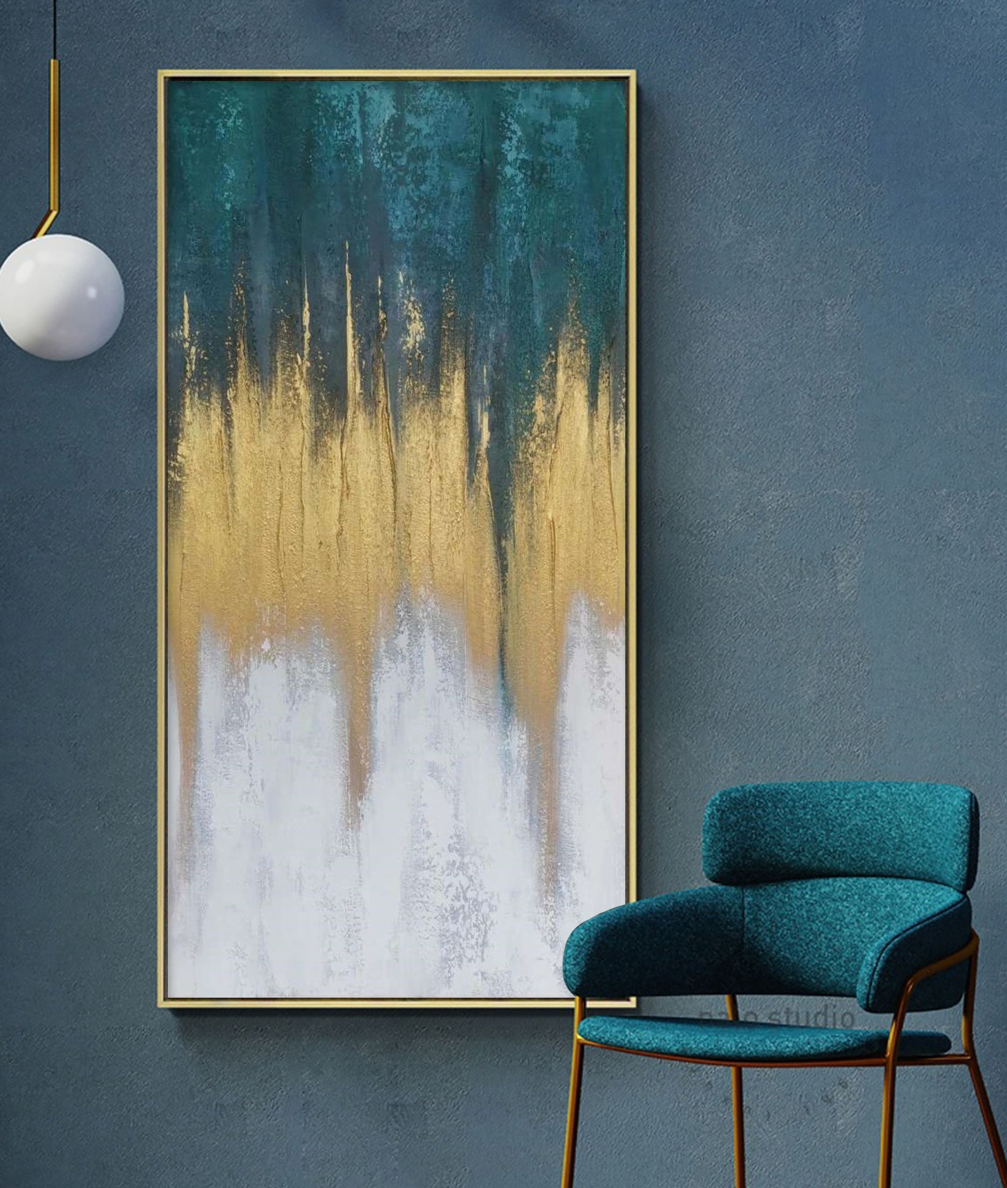 Vertical Abstract Teal Gold Ombre Cascading Light Oil Acrylic Linen Canvas Painting
