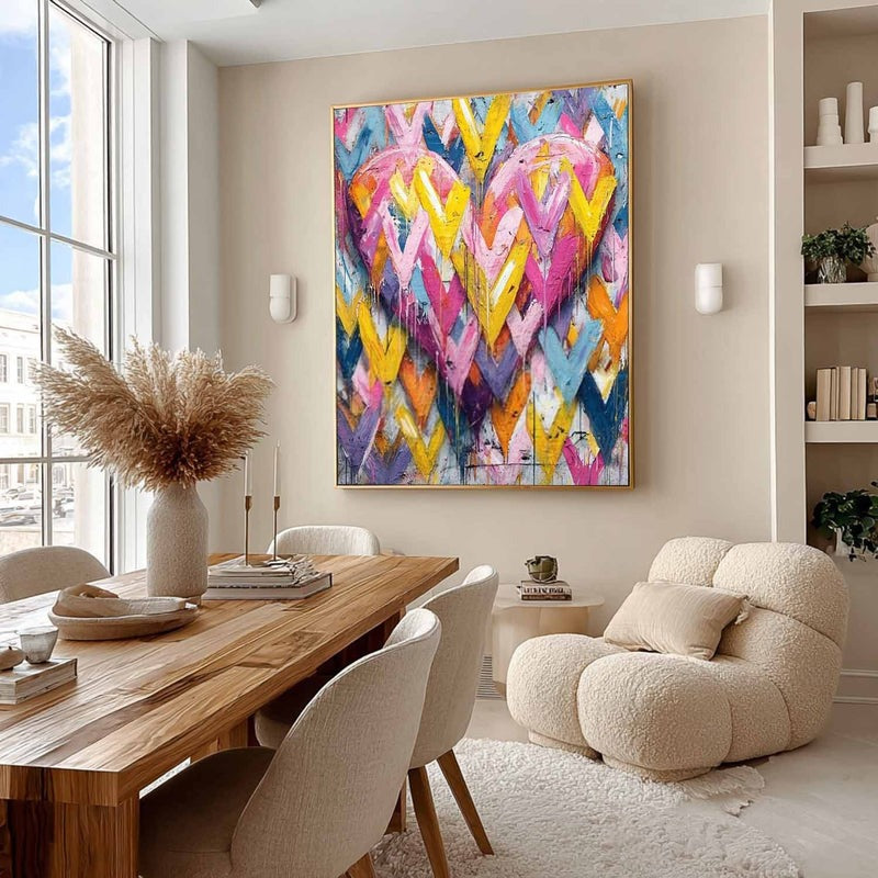Vibrant Chevron Double Heart Impasto Painting