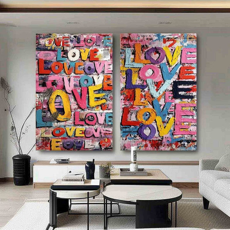 Graffiti Love Pop Art Diptych Impasto Painting