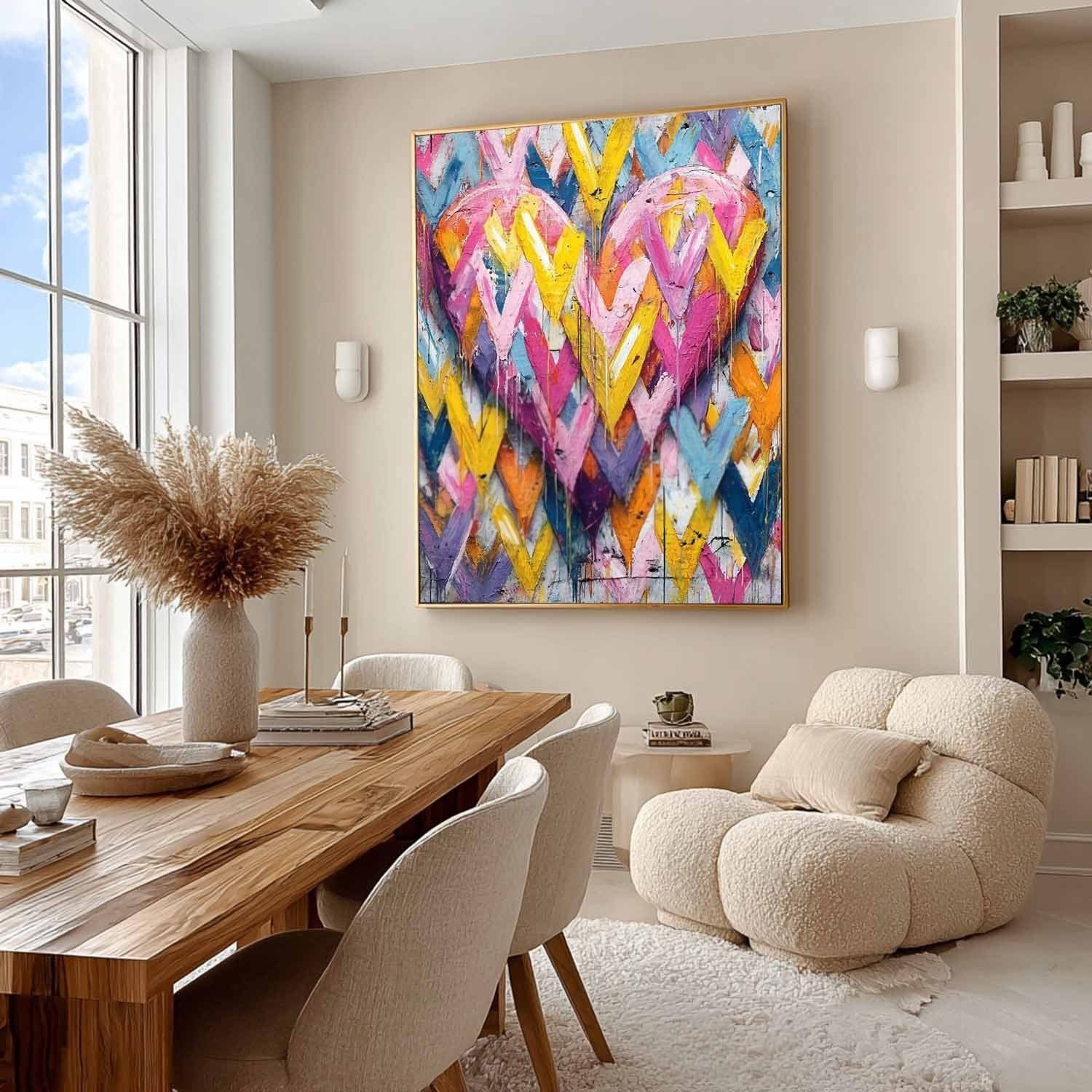 Vibrant Chevron Double Heart Impasto Painting